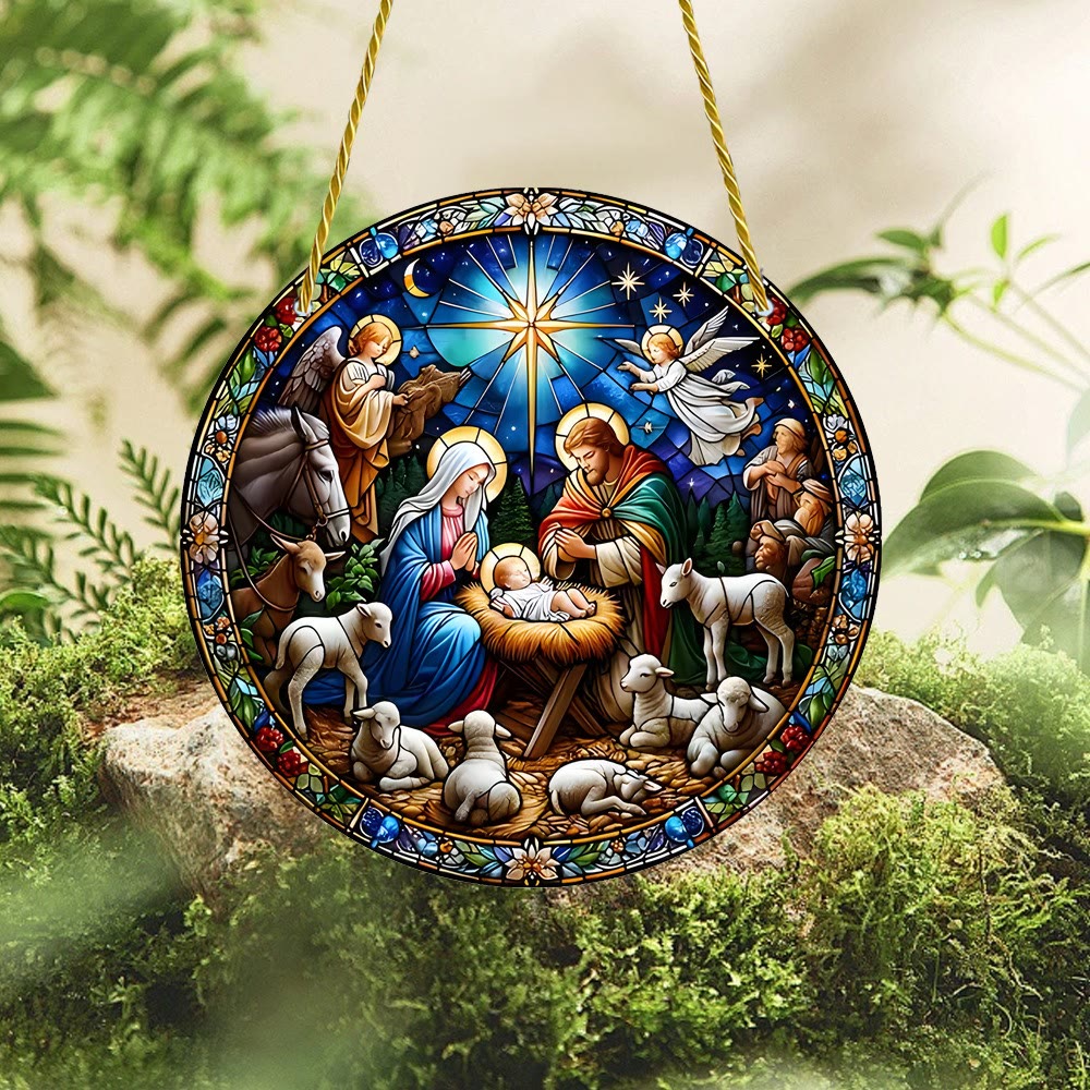 Christianartworkshop Cathedral Style Sapphire Night Nativity Scene Hanging Ornaments - 5.9''/15cm - image 0