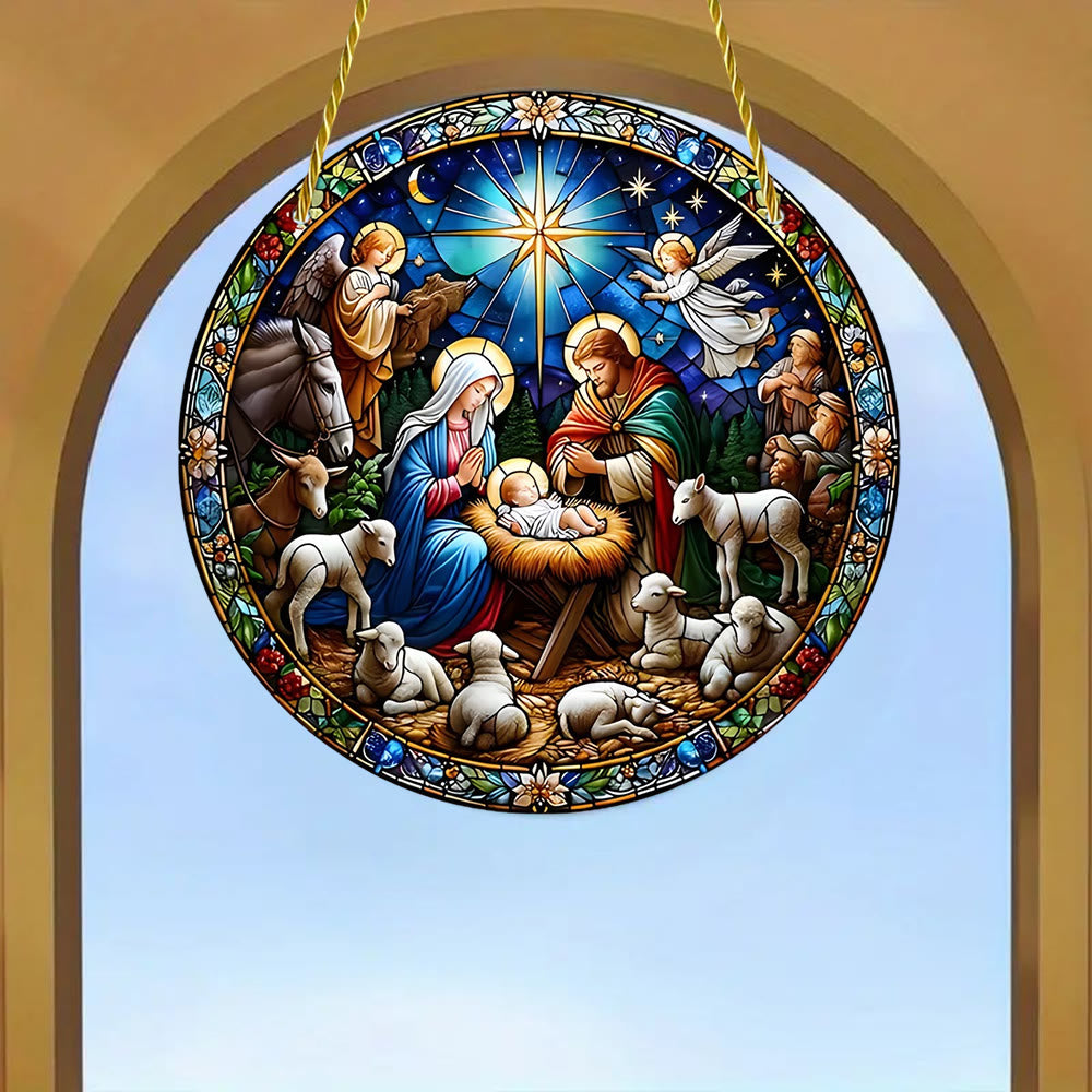 Christianartworkshop Cathedral Style Sapphire Night Nativity Scene Hanging Ornaments - image 5