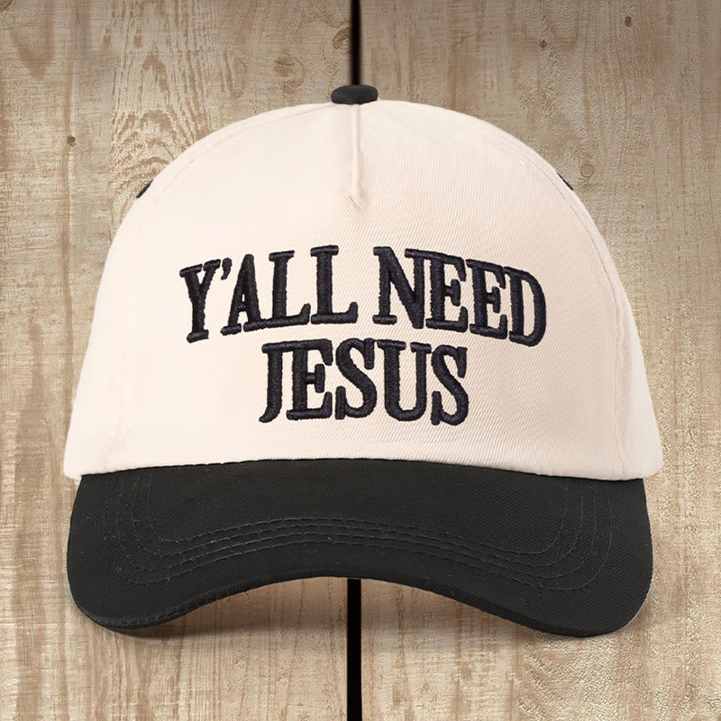Christianartworkshop Y'ALL NEED JESUS Daily Color - Blocked Hat: Faith Reminder for Casual Moments - Beige with Black - image 1