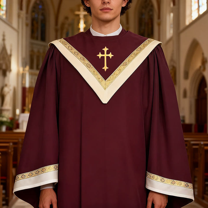 Christianartworkshop Burgundy Clergy Robe with Golden Holy Spirit Detail & V-Collar Design - Wine - 3XL - image 0