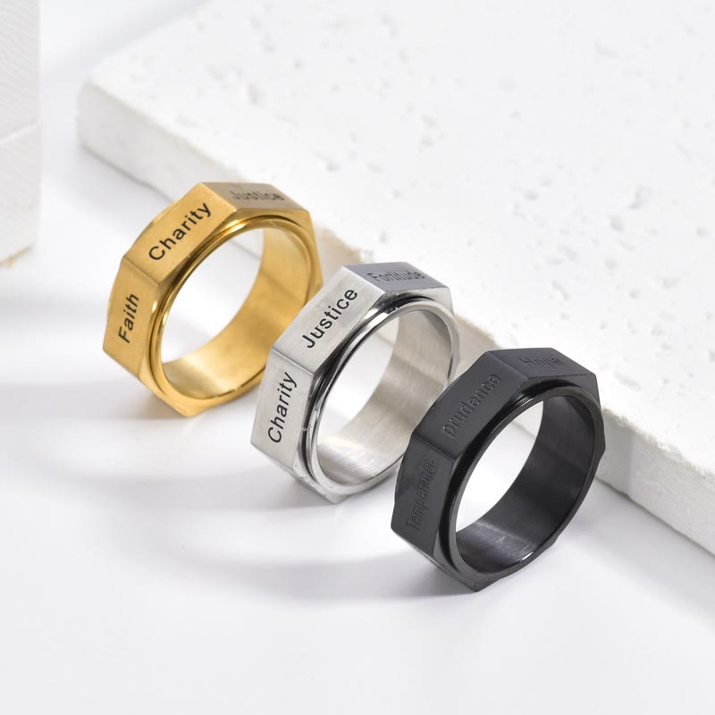 Christianartworkshop Minimalist Seven Virtues Octagon Ring in Golden, Silver & Black - Silver - UK Size L1/2 (US 6) - image 0