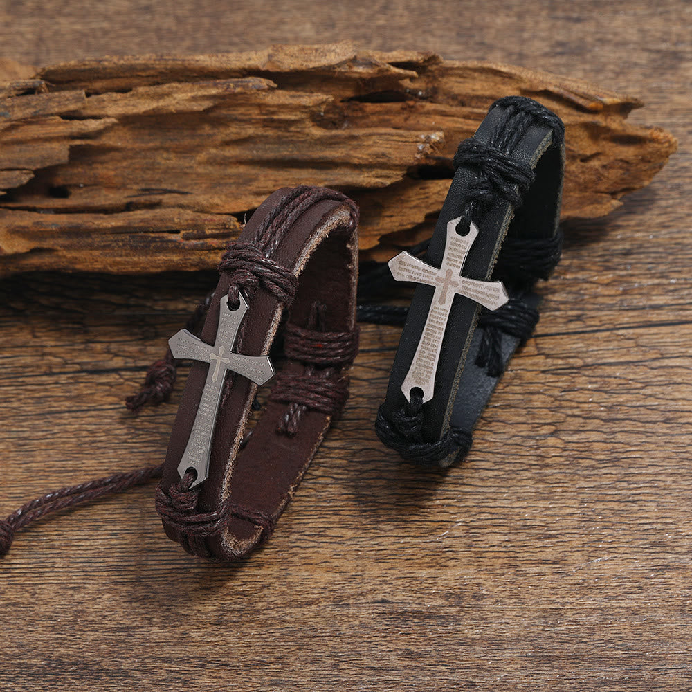 Christianartworkshop Rugged Faith Wrap Vintage Knot Cross with Scripture Bracelet in Black & Brown - Black - image 0