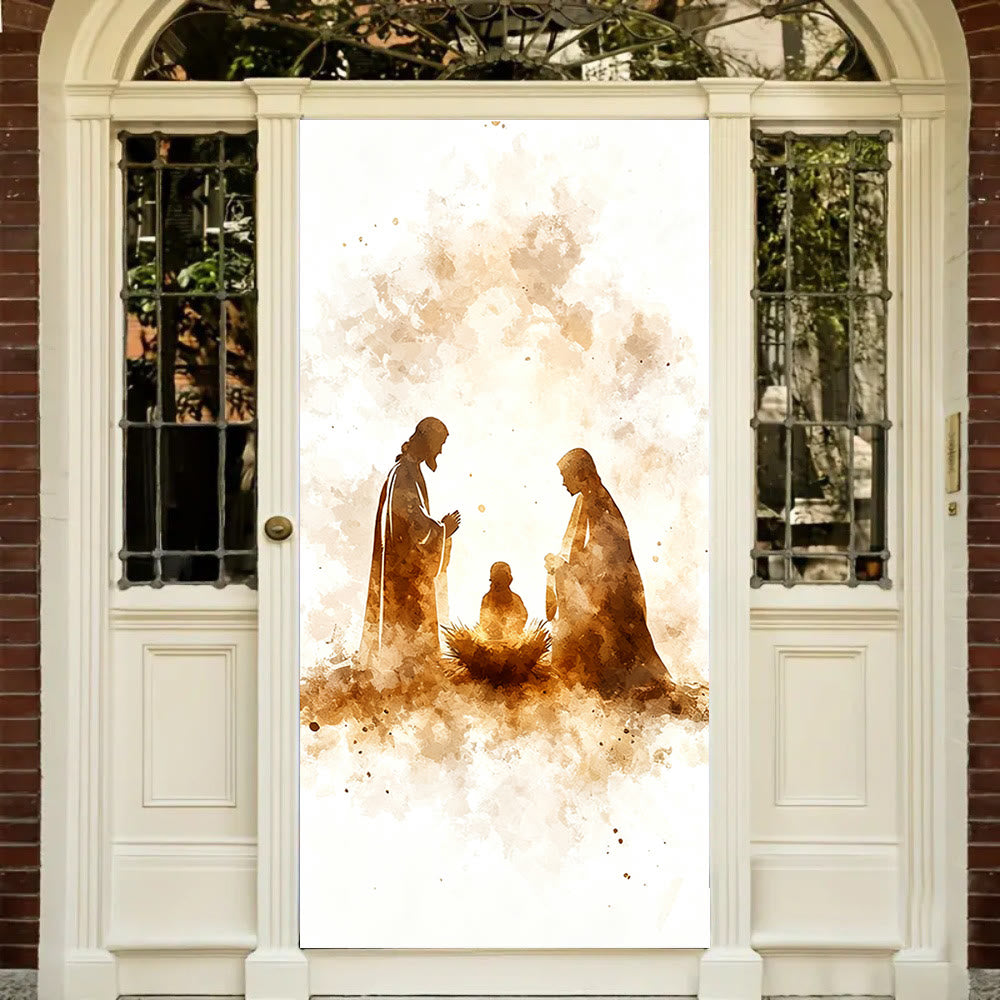 Christianartworkshop Watercolor Nativity Silhouette Door Curtain: Christmas Faith & Serene Charm - 36''*80''/91cm*203cm - image 0