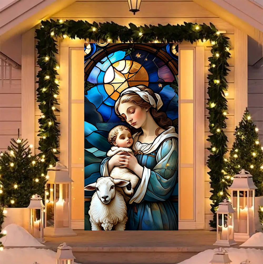 Christianartworkshop Stained-Colored Madonna & Lamb Door Curtain: Spiritual Comfort & Home Decor - image 1