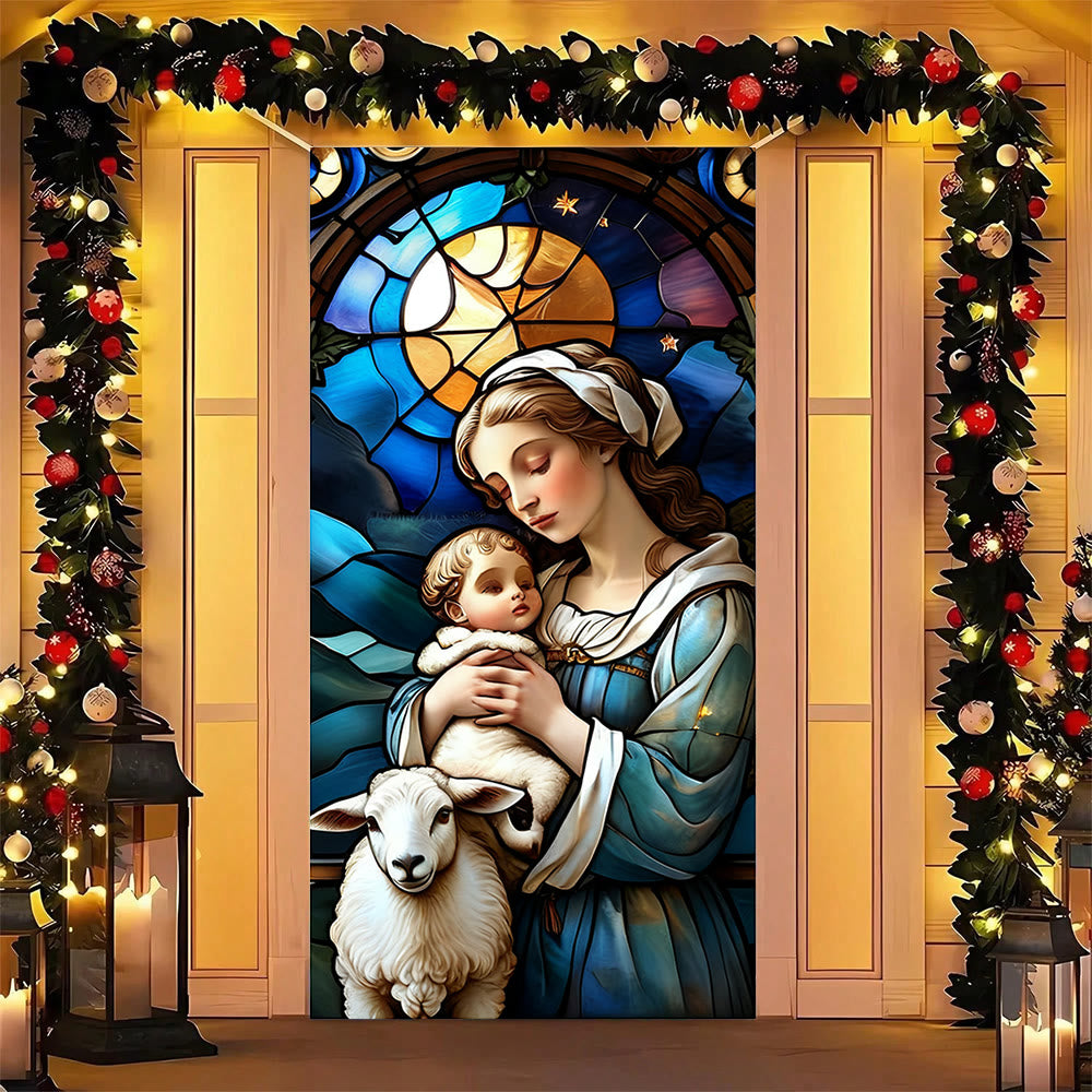 Christianartworkshop Stained-Colored Madonna & Lamb Door Curtain: Spiritual Comfort & Home Decor - 36''*80''/91cm*203cm - image 0