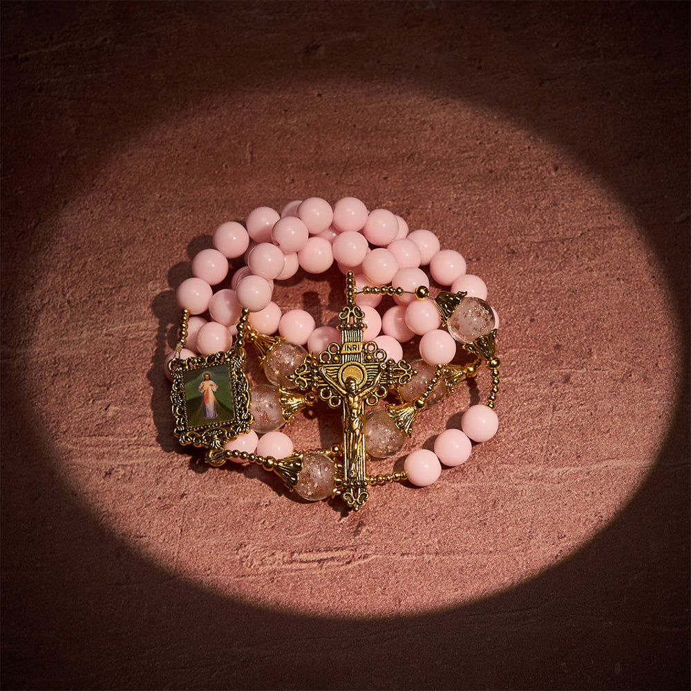 Christianartworkshop Elegant Pink Beads Faithful Rosary with Divine Mercy for Spiritual Comfort - image 1