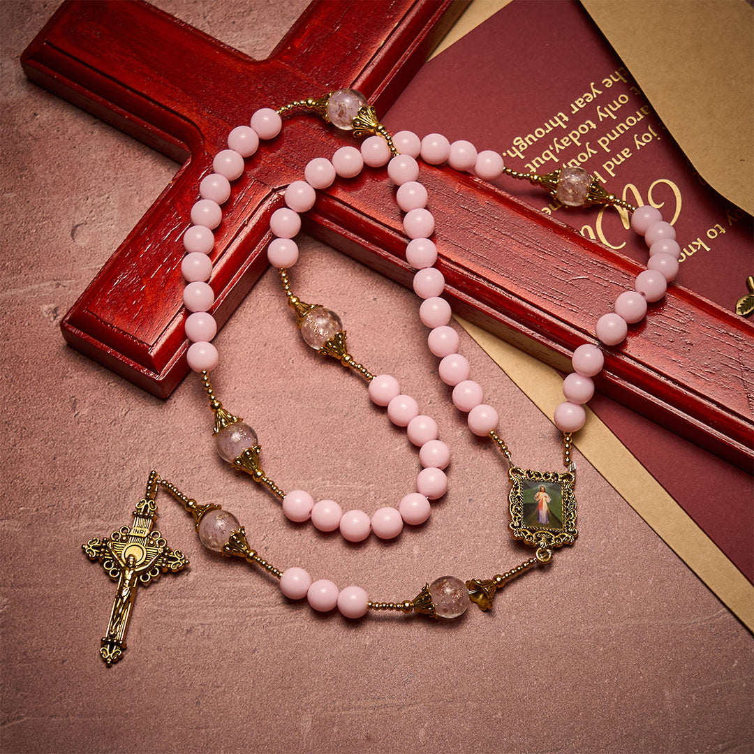Christianartworkshop Elegant Pink Beads Faithful Rosary with Divine Mercy for Spiritual Comfort - Divine Mercy & Crucifix - image 0