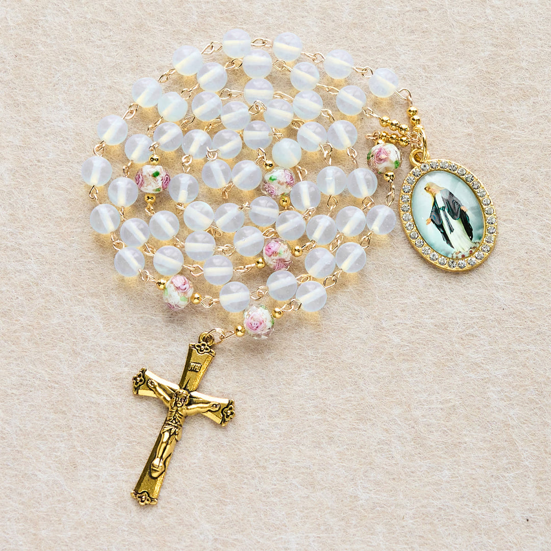 Christianartworkshop White Opal Bead Rosary with Floral Glass Accents & Sacred Crucifix - Miraculous Medal & Crucifix - image 0