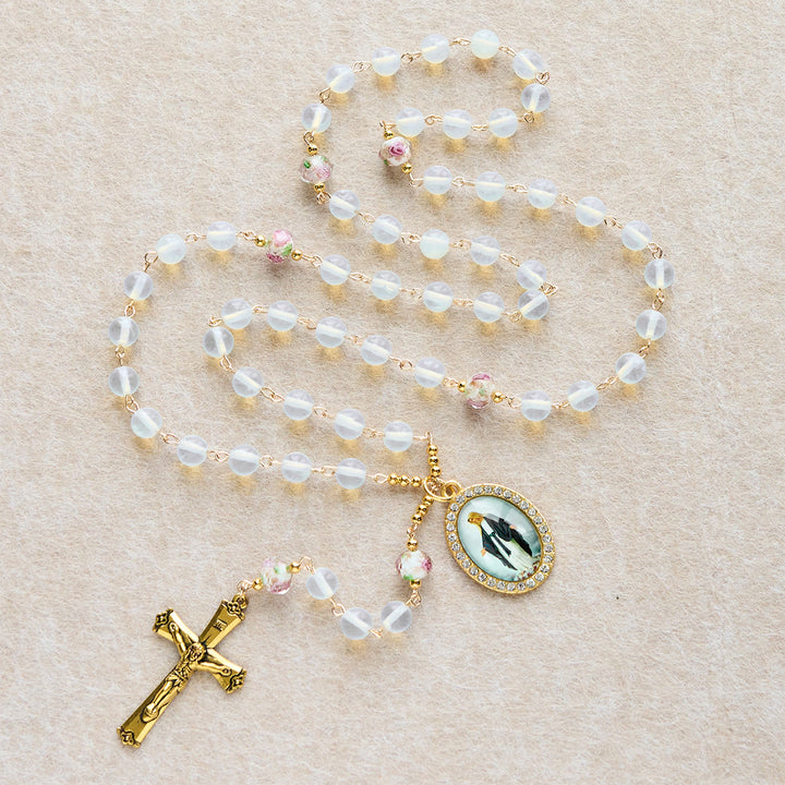 Christianartworkshop White Opal Bead Rosary with Floral Glass Accents & Sacred Crucifix - image 1