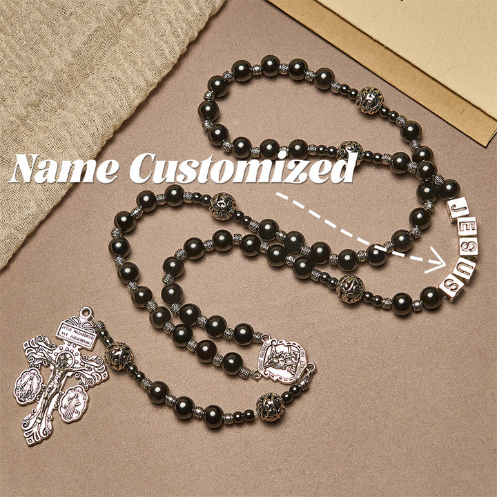 Christianartworkshop Black Agate Custom Rosary with Shield of St. Michael & Personalized JESUS  - Name Customized(All in capitals) - image 5