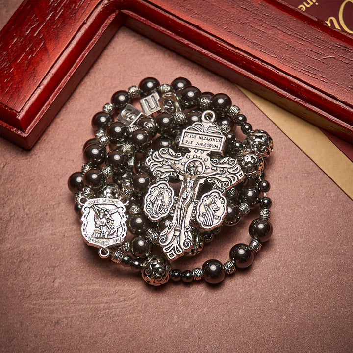 Christianartworkshop Black Agate Custom Rosary with Shield of St. Michael & Personalized JESUS  - image 1