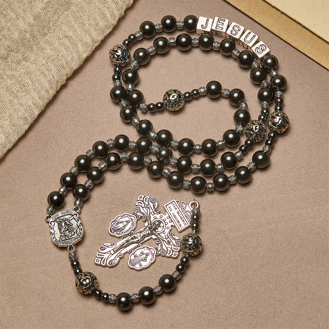 Christianartworkshop Black Agate Custom Rosary with Shield of St. Michael & Personalized JESUS  - JESUS (No Custom) - image 0