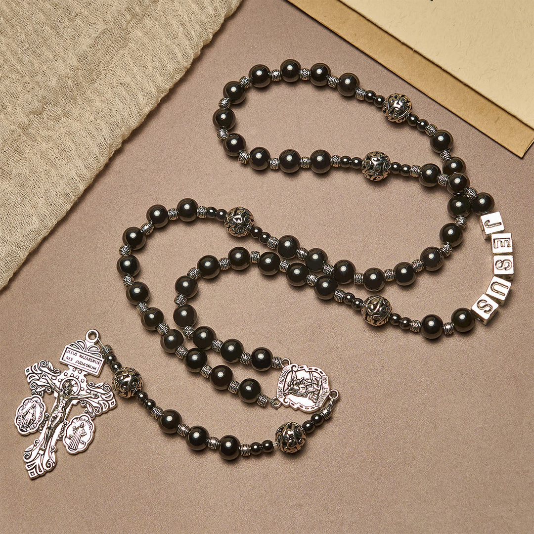 Christianartworkshop Black Agate Custom Rosary with Shield of St. Michael & Personalized JESUS  - image 2