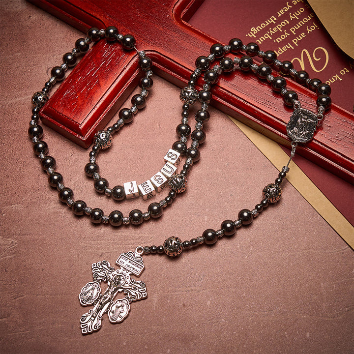 Christianartworkshop Black Agate Custom Rosary with Shield of St. Michael & Personalized JESUS  - image 3