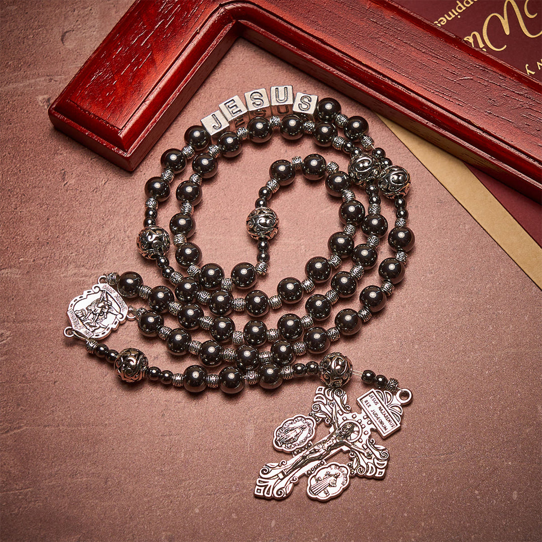 Christianartworkshop Black Agate Custom Rosary with Shield of St. Michael & Personalized JESUS  - image 4