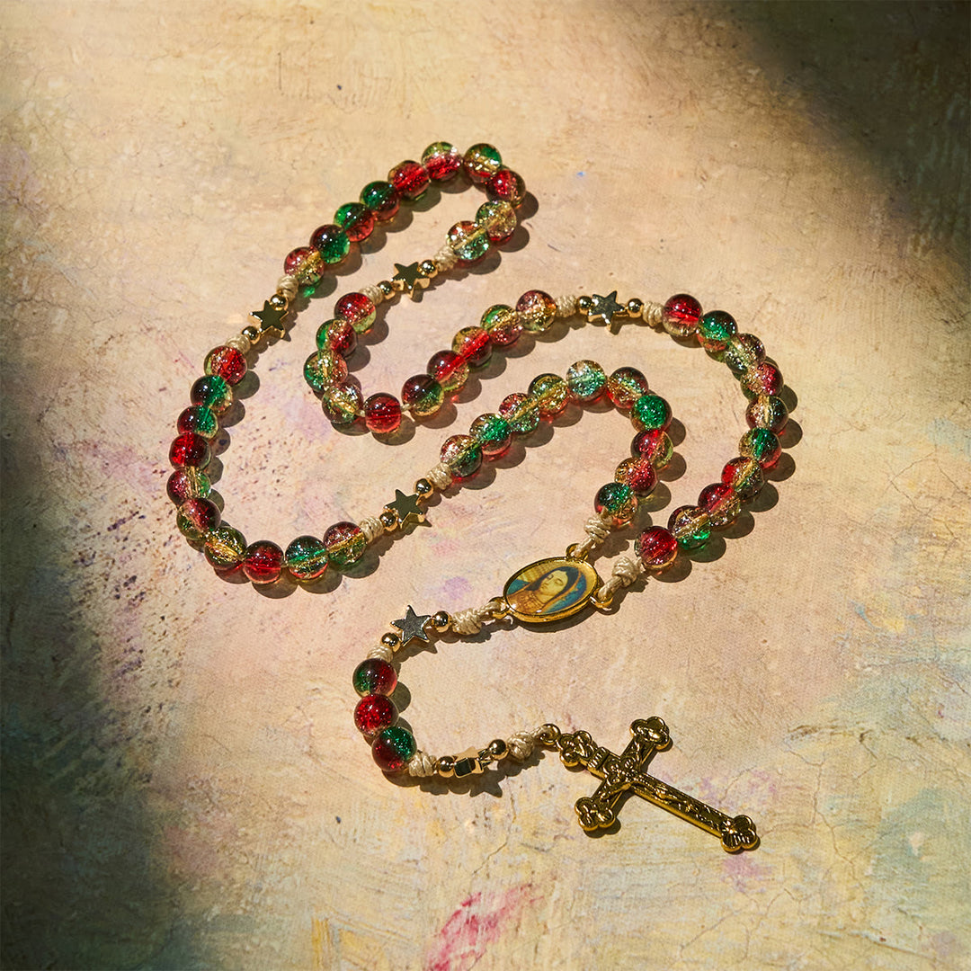 Christianartworkshop Christmas Gift: Christmas Glass Bead Rosary: Our Lady of Guadalupe Medal & Golden Crucifix - image 7