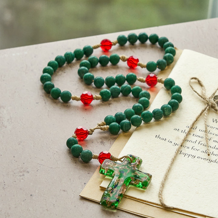 Christianartworkshop Christmas Gift: Green Patterned Stone Rosary for Devout Prayer: Green-Golden Glass Cross - image 5