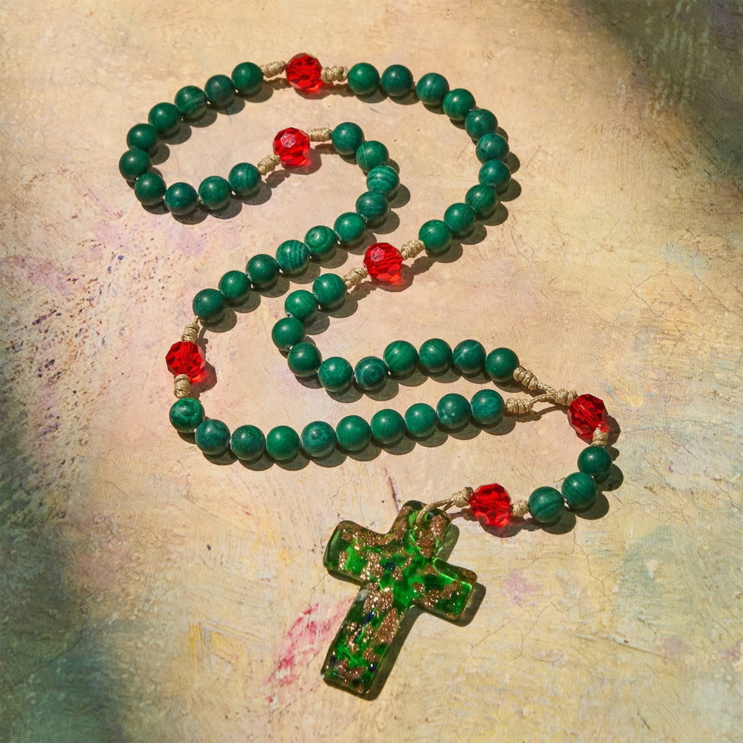 Christianartworkshop Christmas Gift: Green Patterned Stone Rosary for Devout Prayer: Green-Golden Glass Cross - image 6