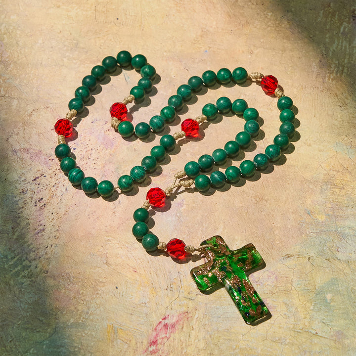 Christianartworkshop Green Patterned Stone Rosary for Devout Prayer: Green-Golden Glass Cross - image 3