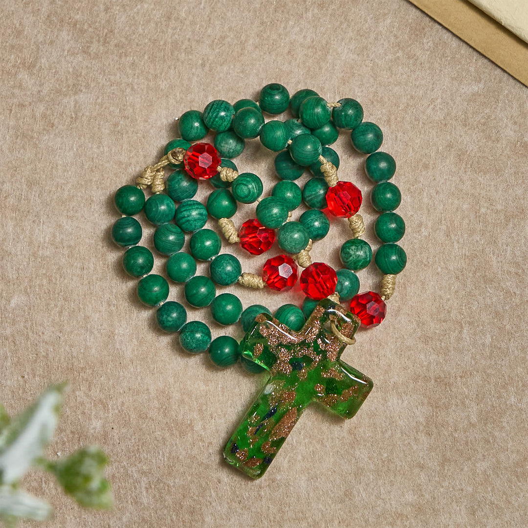 Christianartworkshop Green Patterned Stone Rosary for Devout Prayer: Green-Golden Glass Cross - image 6
