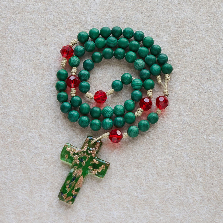 Christianartworkshop Christmas Gift: Green Patterned Stone Rosary for Devout Prayer: Green-Golden Glass Cross - image 4