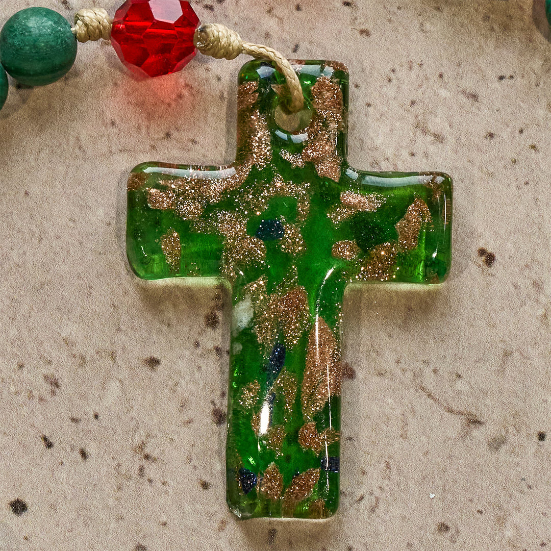 Christianartworkshop Christmas Gift: Green Patterned Stone Rosary for Devout Prayer: Green-Golden Glass Cross - image 13
