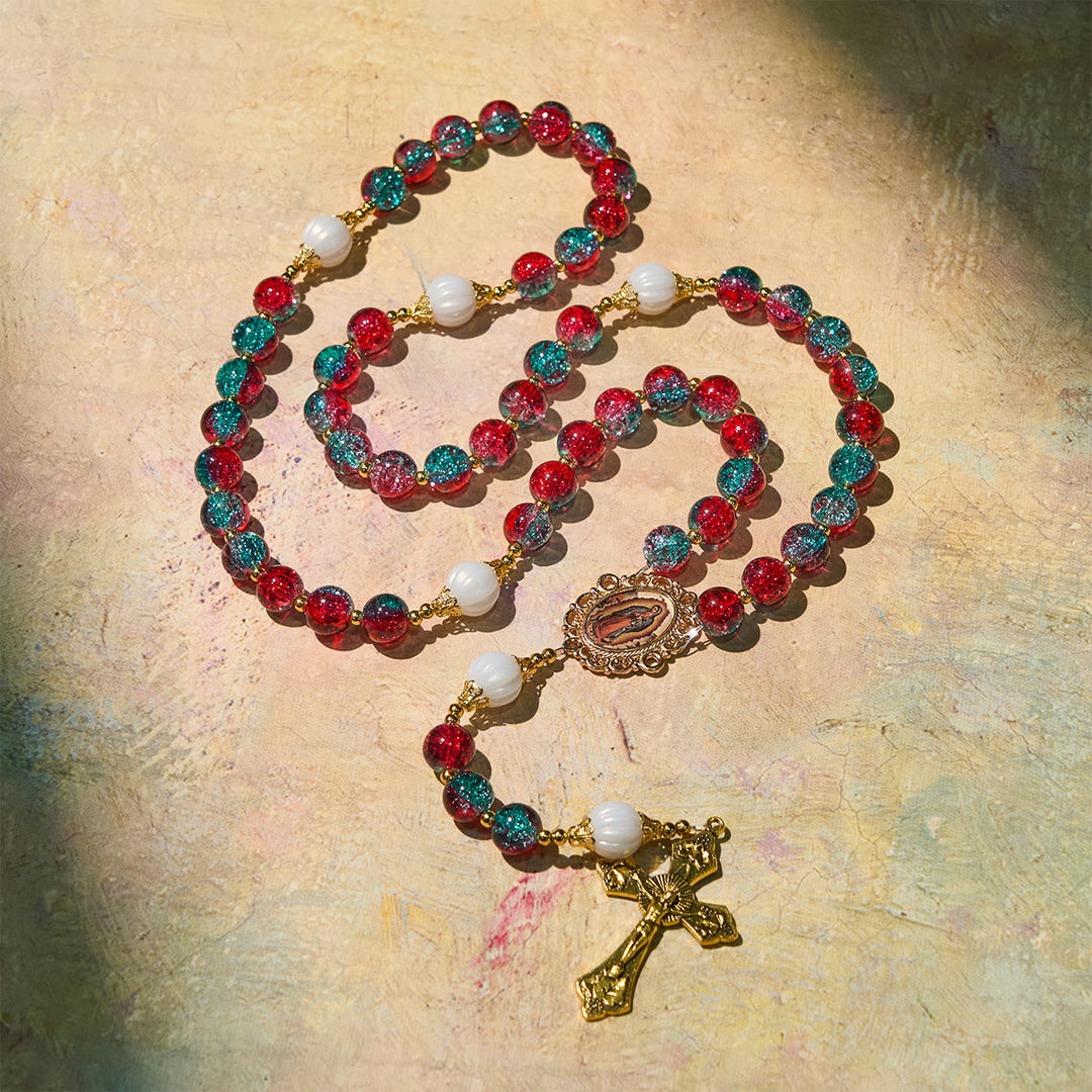 Christianartworkshop Christmas Gift: Christmas Red-Blue Glass Bead Rosary: Our Lady Medal & Ornate Cross - image 8