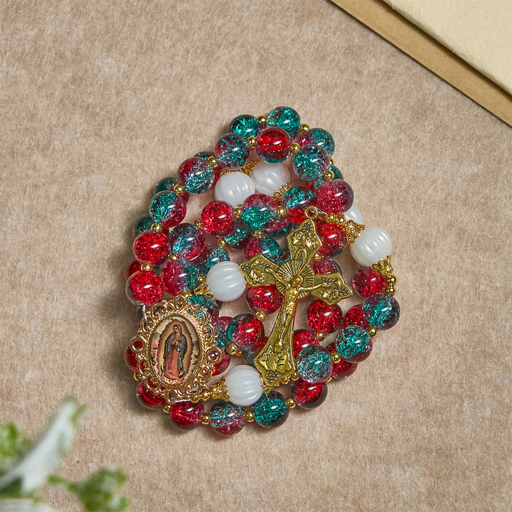 Christianartworkshop Christmas Gift: Christmas Red-Blue Glass Bead Rosary: Our Lady Medal & Ornate Cross - image 13