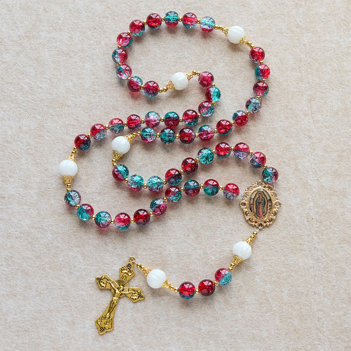 Christianartworkshop Christmas Red-Blue Glass Bead Rosary: Our Lady Medal & Ornate Cross - Our Lady of Guadalupe Medal & Crucfix - image 0