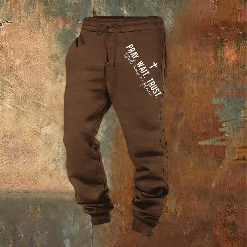Christianartworkshop Pray Wait Trust Statement Sweatpants: Side-Hip Faith Mantra - Brown - 2XL - image 17