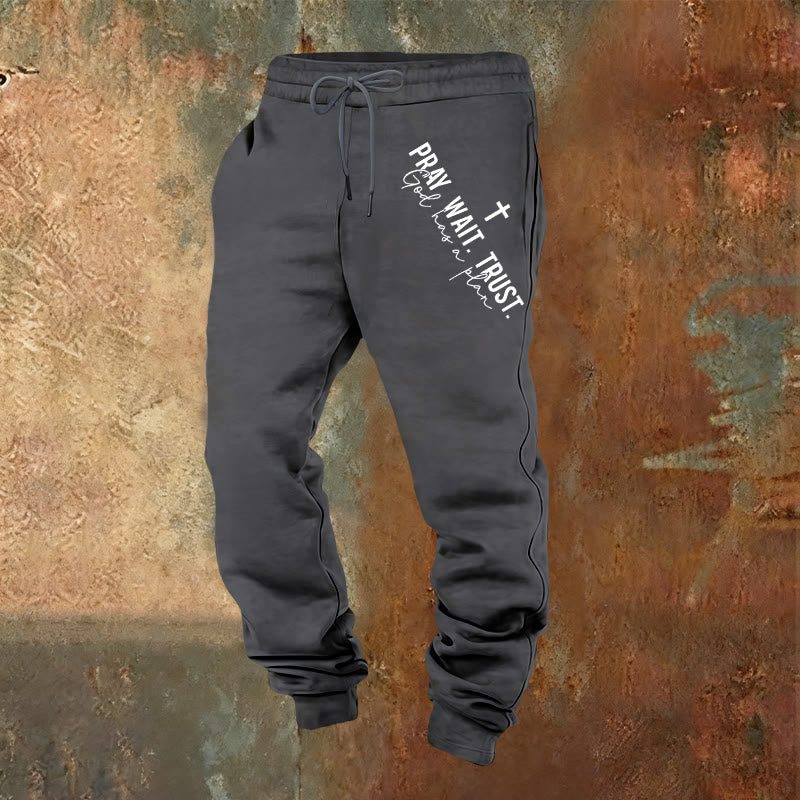 Christianartworkshop Pray Wait Trust Statement Sweatpants: Side-Hip Faith Mantra - Warm Grey - 2XL - image 13