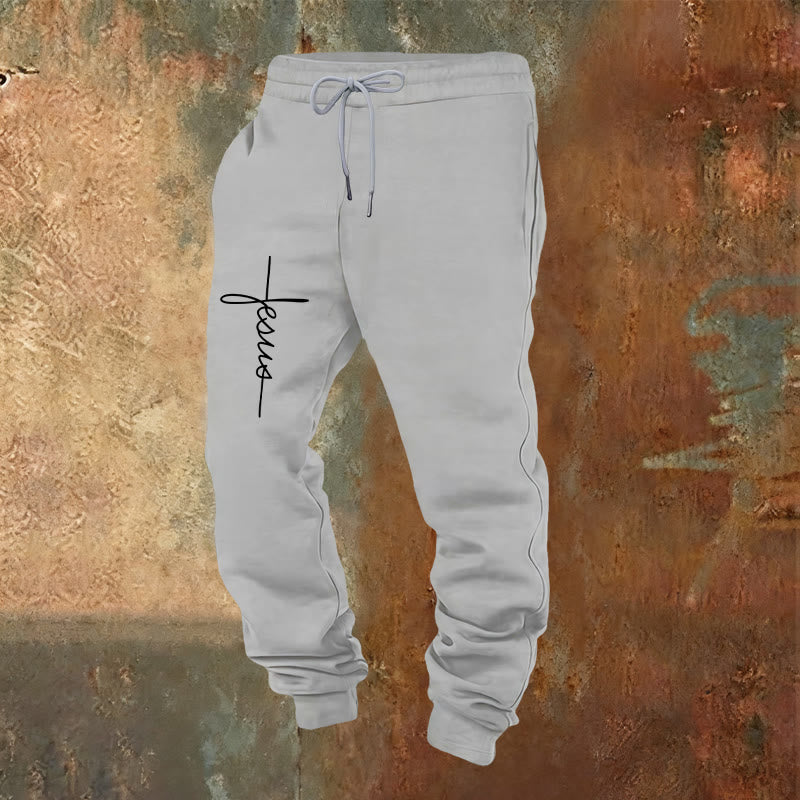 Christianartworkshop Minimal Jesus Cross Script Sweatpants: Every Step with Jesus - Light Grey - 2XL - image 12