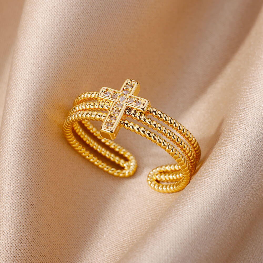 Christianartworkshop Sparkling Cross Ring: Zircon - Studded Design for Faith - Driven Gifting - Golden(Suitable for UK Size L1/2 - UK Size T1/2) - image 0