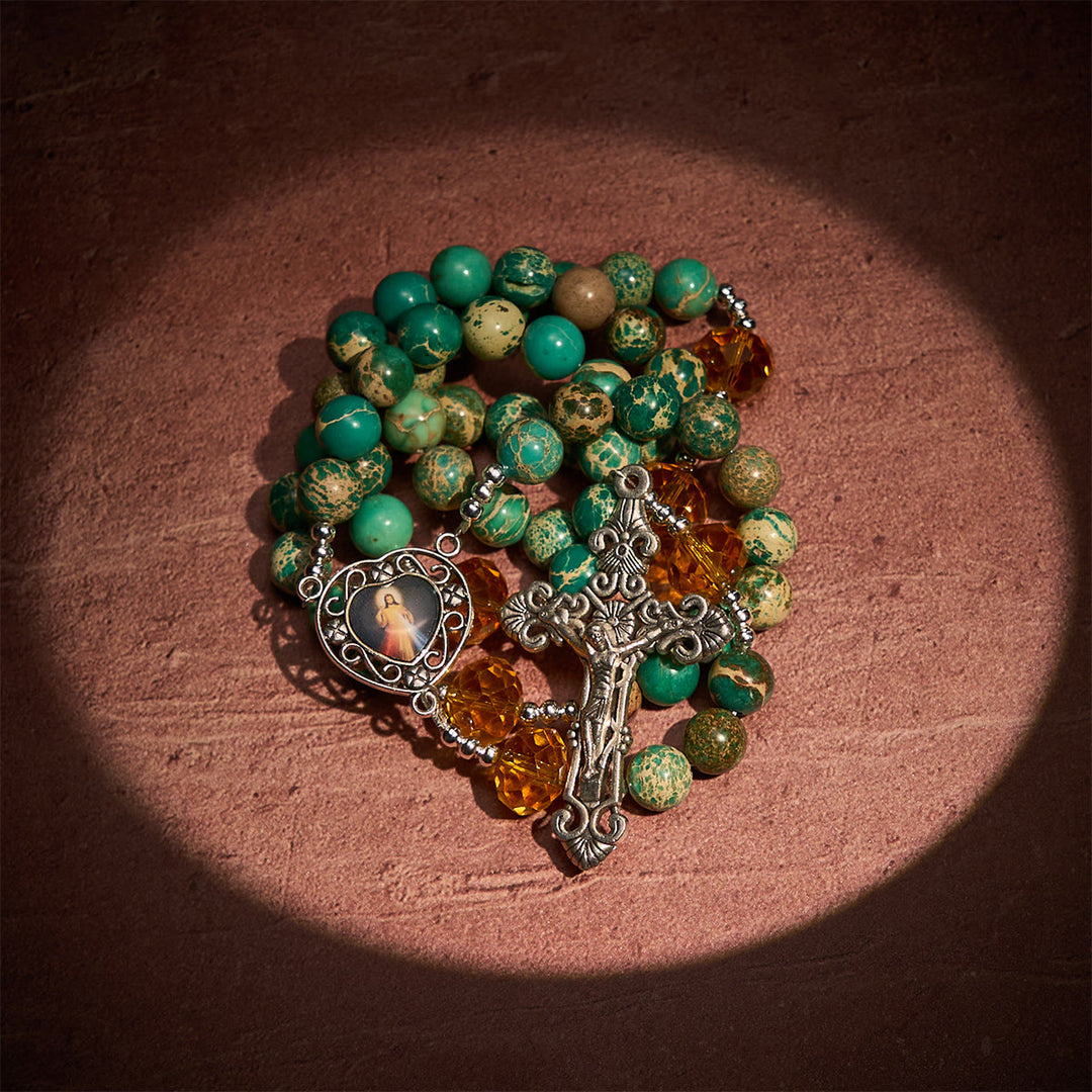 Christianartworkshop Peace through Mary's Heart Rosary in Turquoise and Amber Hues - image 2