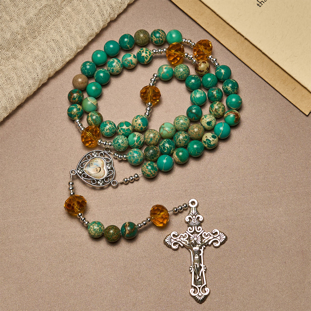 Christianartworkshop Peace through Mary's Heart Rosary in Turquoise and Amber Hues - image 3