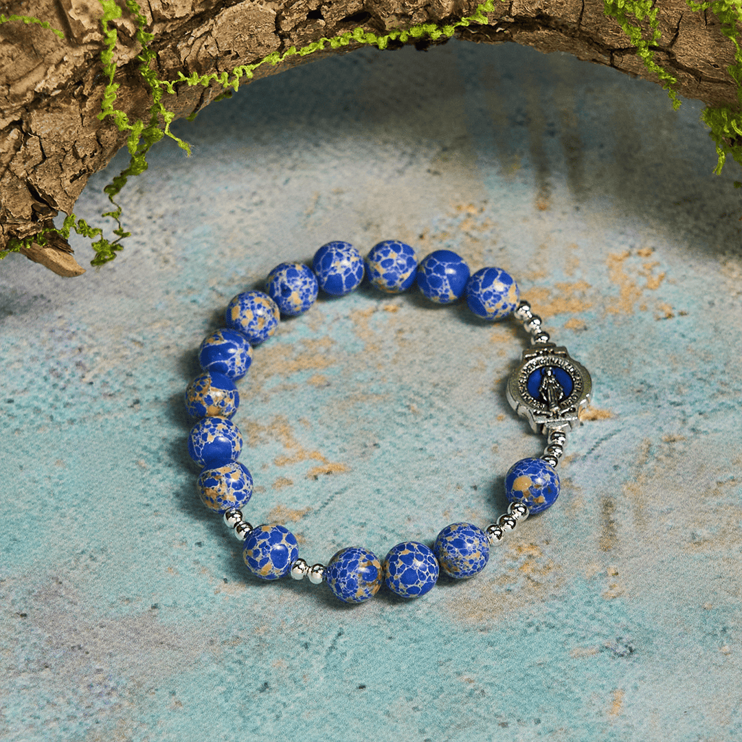 Christianartworkshop Royal Blue-Tone Stone Beads One Decade Rosary, Bracelet: Grace Guided by Mary's Hand - Bracelet - image 4