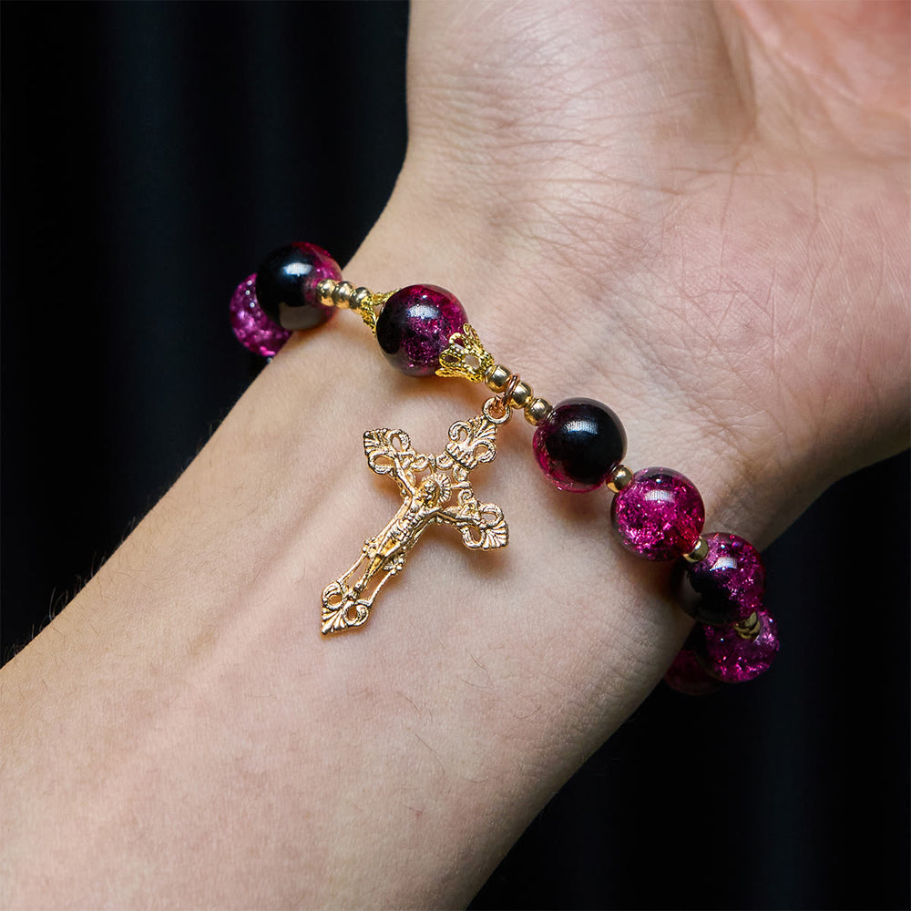 Christianartworkshop Grace and Strength Black-Pink Glass Bead Bracelet with Golden Cross - image 1