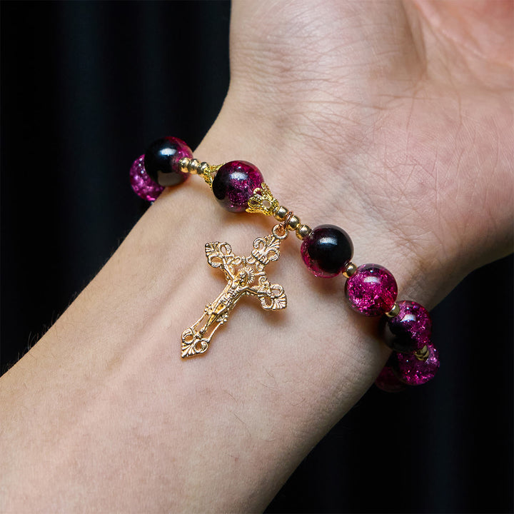 Christianartworkshop Grace and Strength Black-Pink Glass Bead Bracelet with Golden Cross - image 1