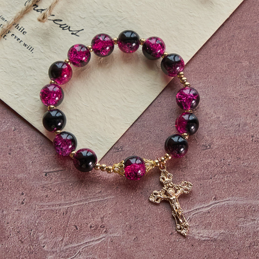 Christianartworkshop Grace and Strength Black-Pink Glass Bead Bracelet with Golden Cross - Wrist Circumference: 5.91"-7.09"/15-18cm - image 0