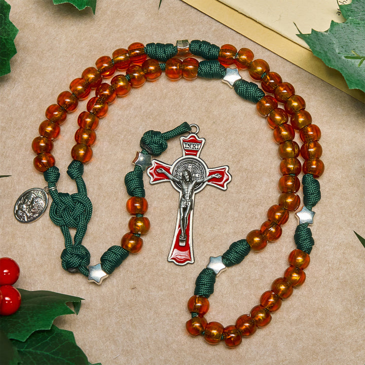 Christianartworkshop Amber-Tone Beads and Green Paracord Christmas Rosary with Holy Family Medal - image 2