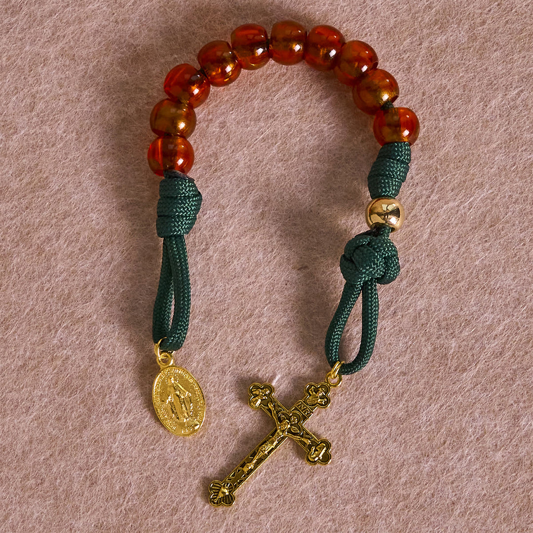 Christianartworkshop Amber-Tone Beads and Green Paracord Christmas Rosary with Holy Family Medal - image 14