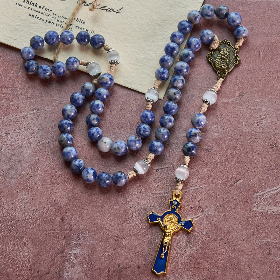 Christianartworkshop Immaculate Heart of Mary & Crucifix of 8 mm Round Blue Stone Nylon Cord Rosary - image 9