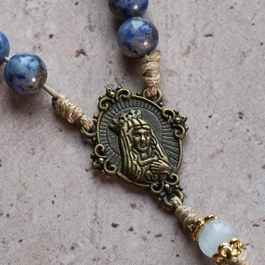 Christianartworkshop Immaculate Heart of Mary & Crucifix of 8 mm Round Blue Stone Nylon Cord Rosary - image 4
