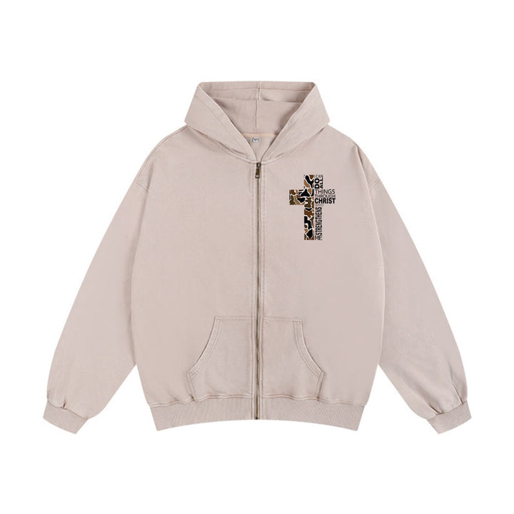 Christianartworkshop Cross Motif Hooded Jacket: All Things Through Christ for Church & Daily - Apricot - 2XL - image 10
