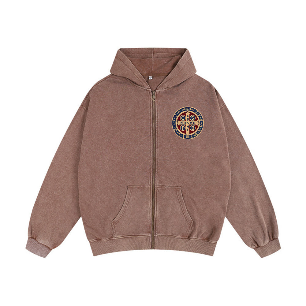 Christianartworkshop St. Benedict Cross Hooded Jacket: Faith Protection for Daily Wear - Coffee - 2XL - image 4