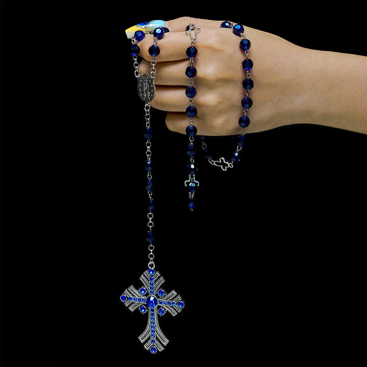 Christianartworkshop Miraculous Medal & Cross of 8 mm Polyhedron Blue Crystal Alloy Chain Rosary - image 2
