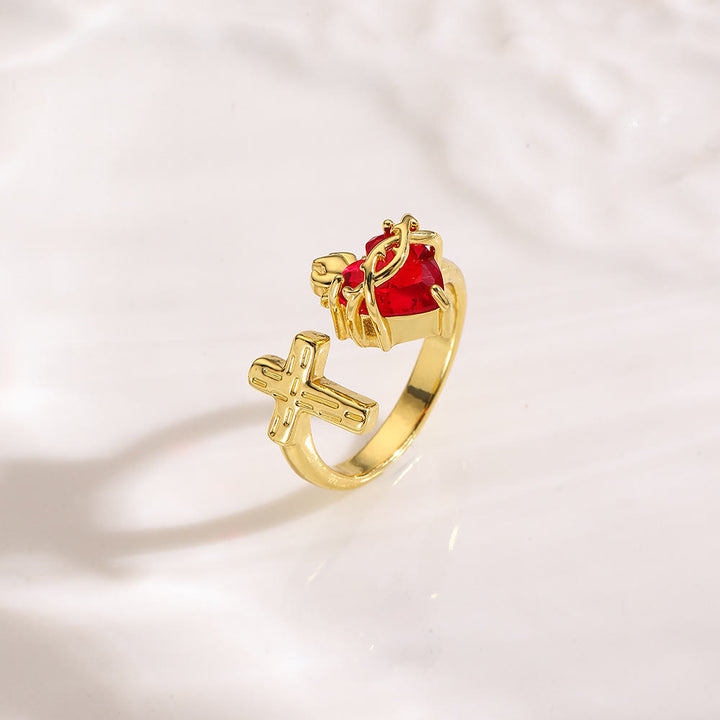 Christianartworkshop Sacred Heart & Cross Ring: Faithful Devotion & Elegant Symbolism for Daily Wear - Adjustable(Suitable for UK Size L1/2 - UK Size S) - image 0