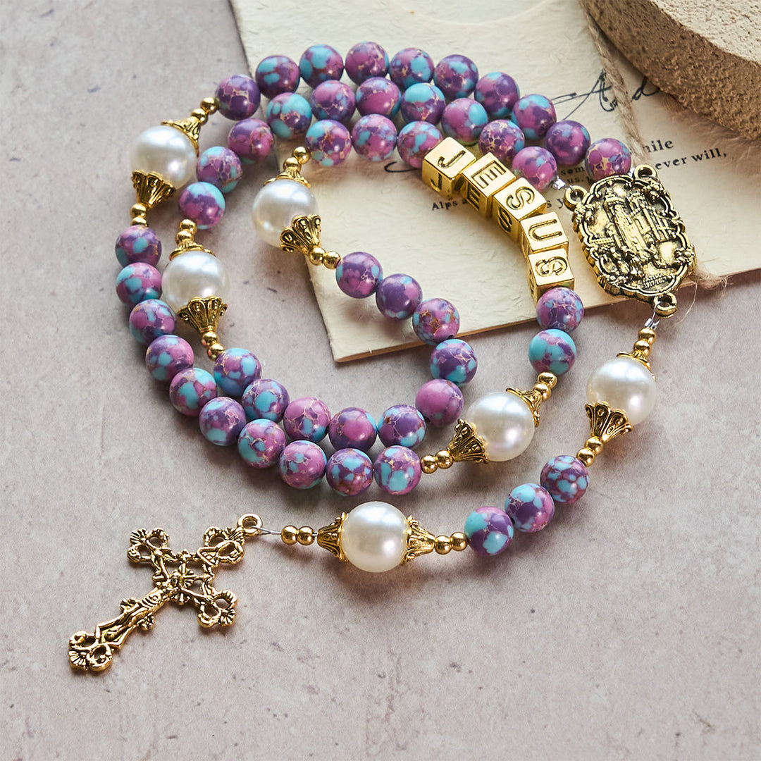 Christianartworkshop Royal Faith Purple Emperor Stone Custom Rosary with Personalized JESUS Letter - JESUS (No Custom) - image 0
