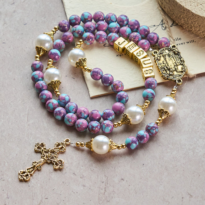 Christianartworkshop Royal Faith Purple Emperor Stone Custom Rosary with Personalized JESUS Letter - JESUS (No Custom) - image 0