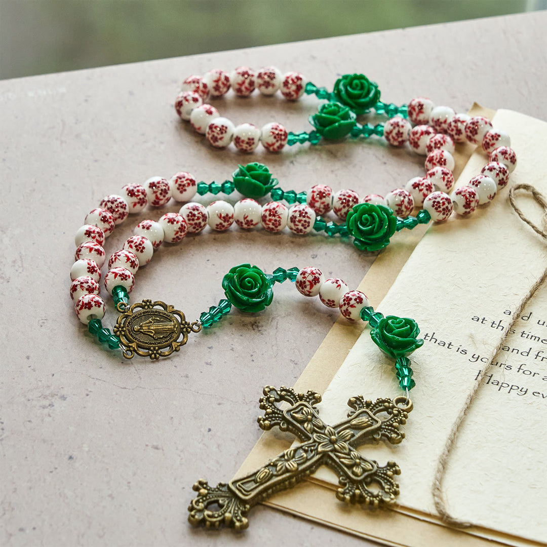 Christianartworkshop Red Floral Ceramic Beads Rosary with Green Rose: The Garden of Mary's Love - image 3